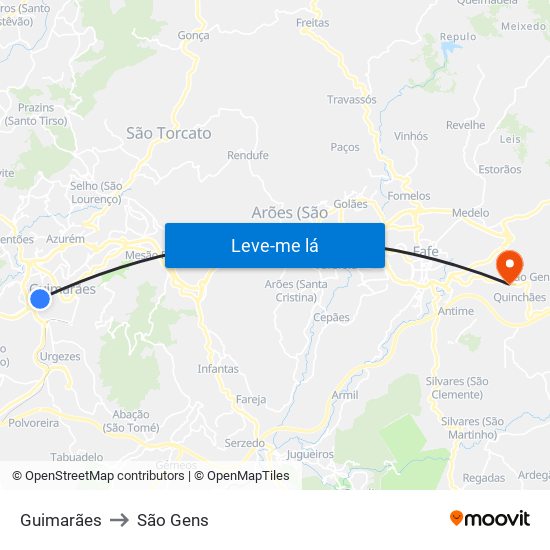 Guimarães to São Gens map