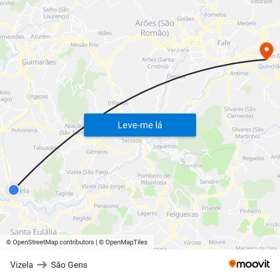 Vizela to São Gens map