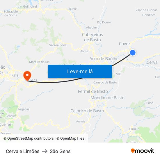 Cerva e Limões to São Gens map