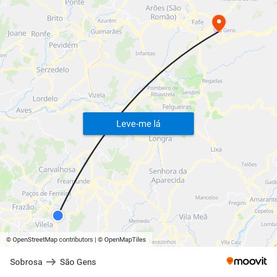 Sobrosa to São Gens map