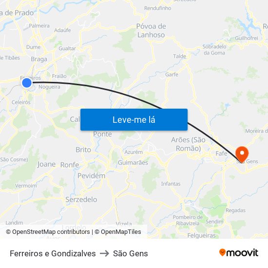 Ferreiros e Gondizalves to São Gens map