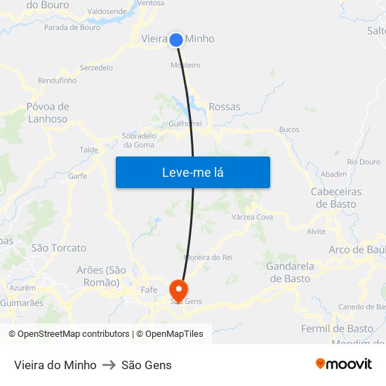 Vieira do Minho to São Gens map