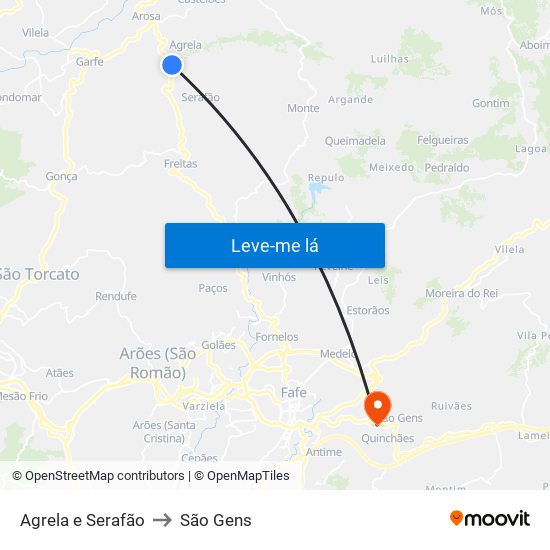 Agrela e Serafão to São Gens map