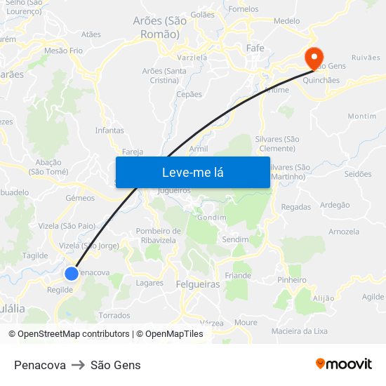 Penacova to São Gens map