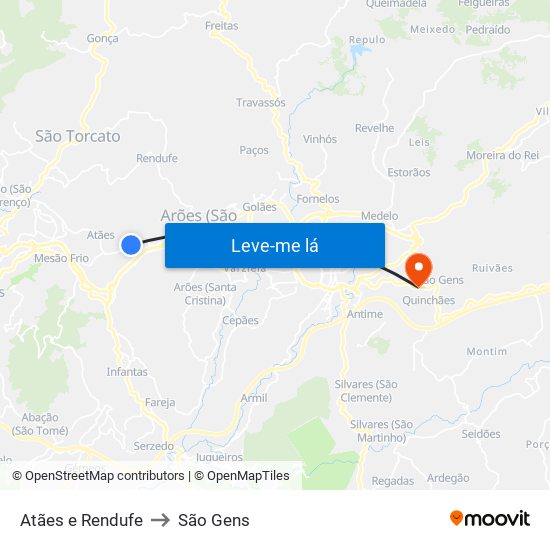 Atães e Rendufe to São Gens map