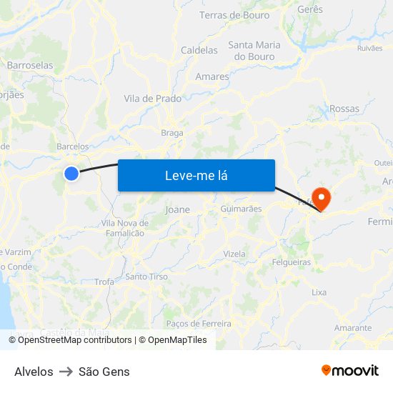 Alvelos to São Gens map