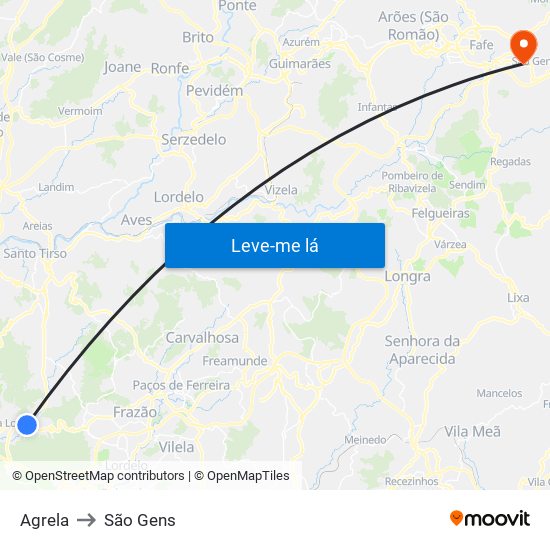 Agrela to São Gens map
