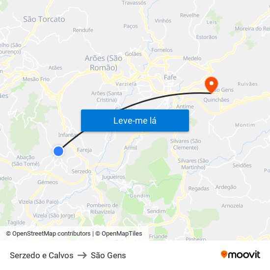 Serzedo e Calvos to São Gens map