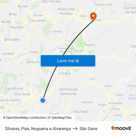 Silvares, Pias, Nogueira e Alvarenga to São Gens map