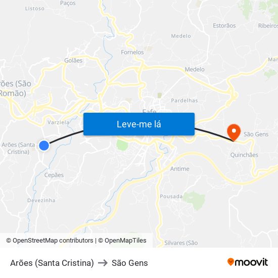 Arões (Santa Cristina) to São Gens map