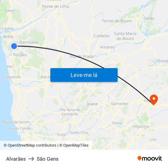 Alvarães to São Gens map