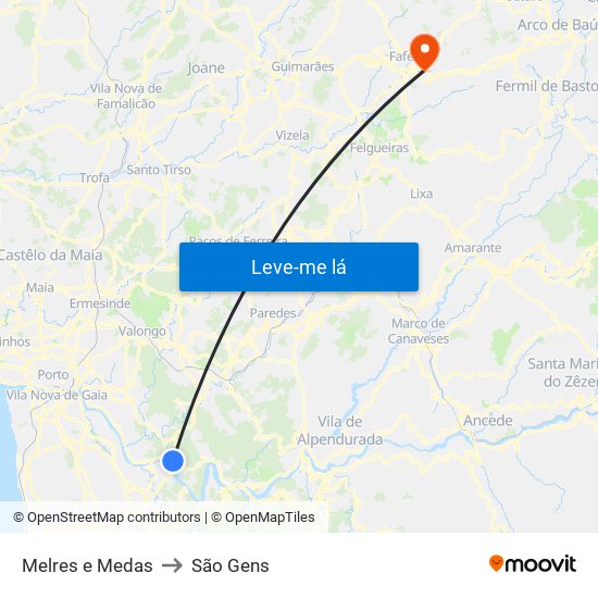 Melres e Medas to São Gens map