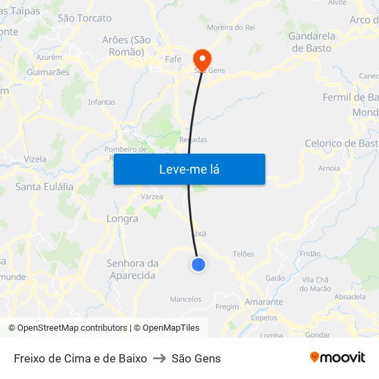 Freixo de Cima e de Baixo to São Gens map