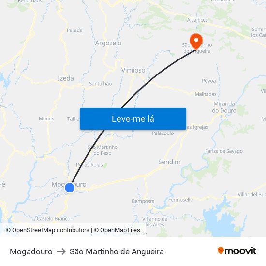 Mogadouro to São Martinho de Angueira map
