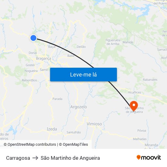 Carragosa to São Martinho de Angueira map