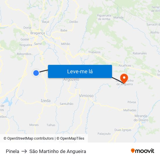 Pinela to São Martinho de Angueira map