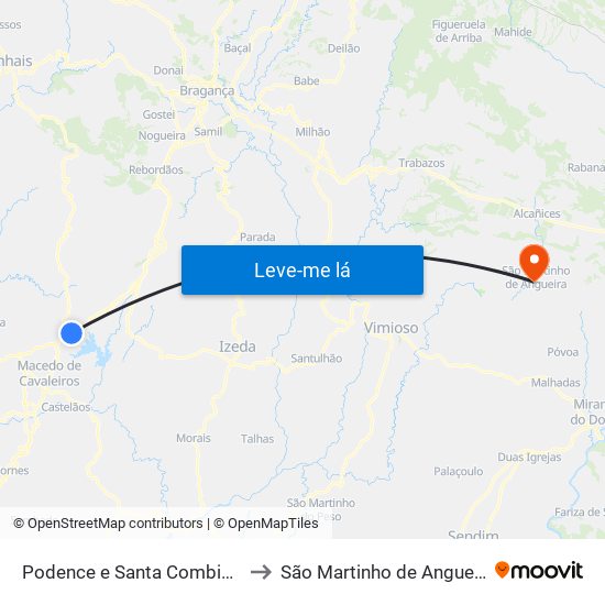 Podence e Santa Combinha to São Martinho de Angueira map