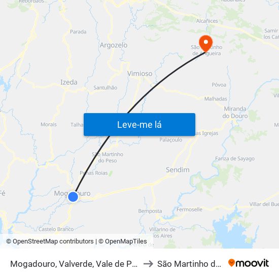 Mogadouro, Valverde, Vale de Porco e Vilar de Rei to São Martinho de Angueira map