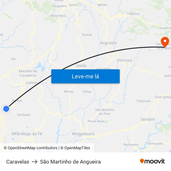 Caravelas to São Martinho de Angueira map