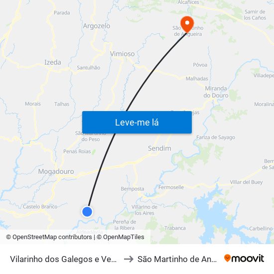 Vilarinho dos Galegos e Ventozelo to São Martinho de Angueira map