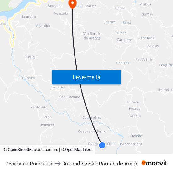 Ovadas e Panchora to Anreade e São Romão de Arego map