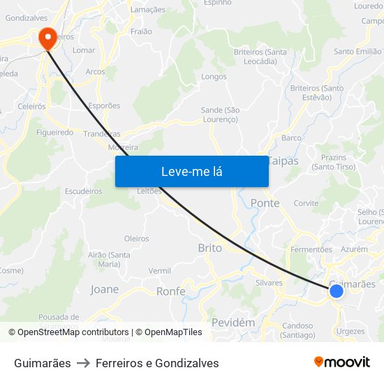 Guimarães to Ferreiros e Gondizalves map