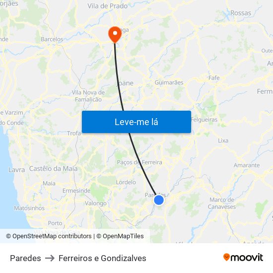 Paredes to Ferreiros e Gondizalves map