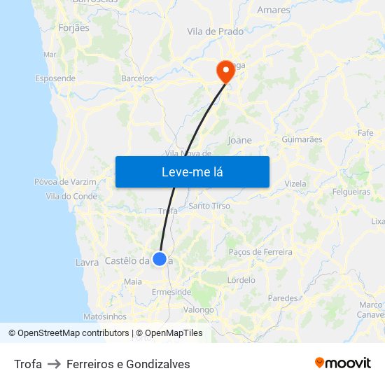 Trofa to Ferreiros e Gondizalves map