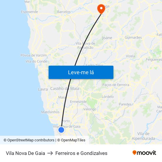 Vila Nova De Gaia to Ferreiros e Gondizalves map