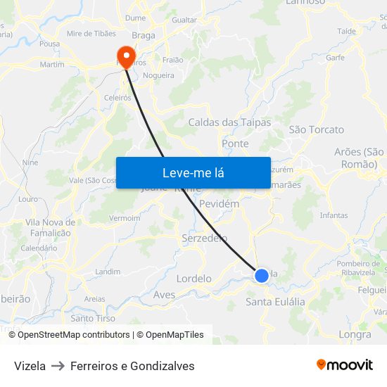 Vizela to Ferreiros e Gondizalves map
