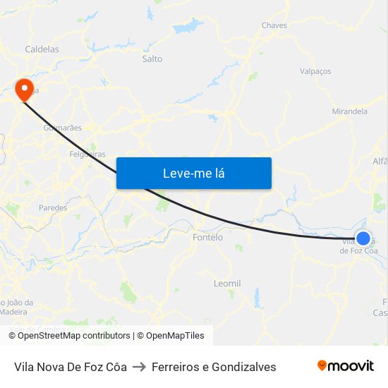 Vila Nova De Foz Côa to Ferreiros e Gondizalves map