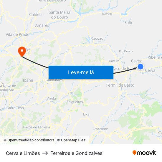 Cerva e Limões to Ferreiros e Gondizalves map