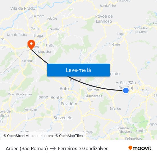 Arões (São Romão) to Ferreiros e Gondizalves map