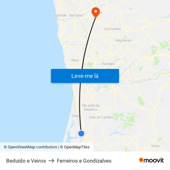 Beduído e Veiros to Ferreiros e Gondizalves map