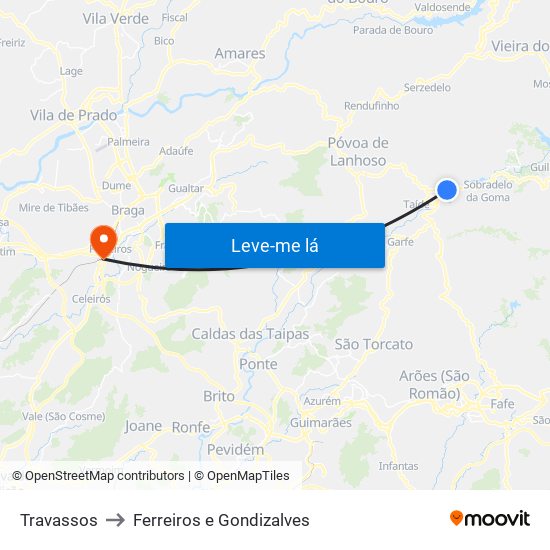 Travassos to Ferreiros e Gondizalves map