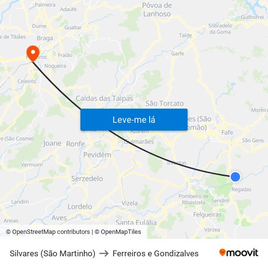 Silvares (São Martinho) to Ferreiros e Gondizalves map