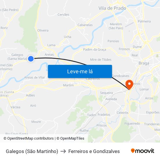 Galegos (São Martinho) to Ferreiros e Gondizalves map