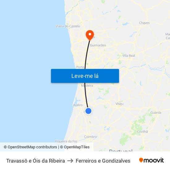 Travassô e Óis da Ribeira to Ferreiros e Gondizalves map