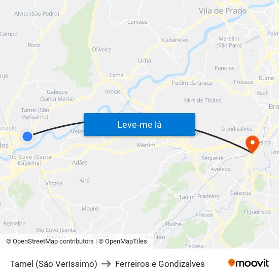 Tamel (São Veríssimo) to Ferreiros e Gondizalves map