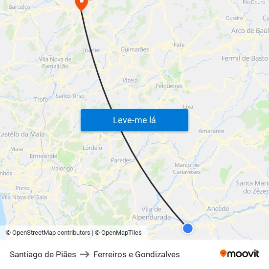 Santiago de Piães to Ferreiros e Gondizalves map