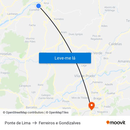 Ponte de Lima to Ferreiros e Gondizalves map