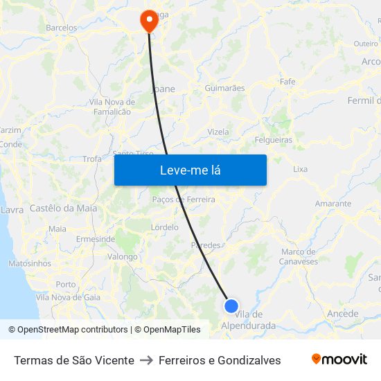 Termas de São Vicente to Ferreiros e Gondizalves map