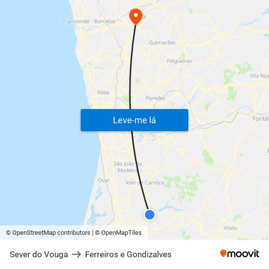 Sever do Vouga to Ferreiros e Gondizalves map