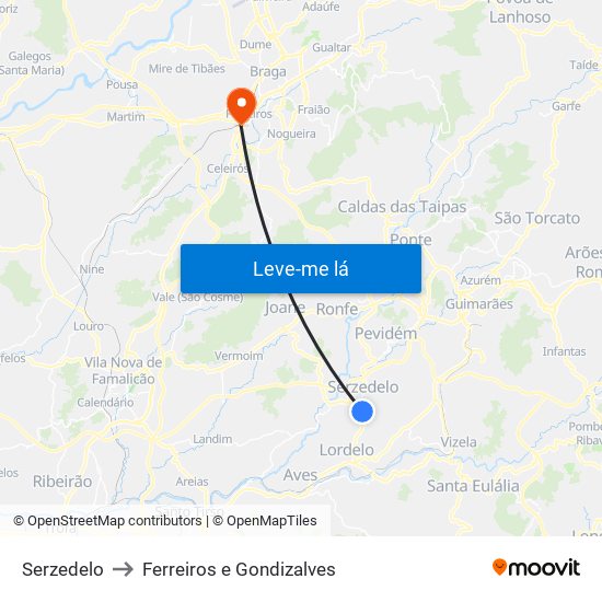 Serzedelo to Ferreiros e Gondizalves map