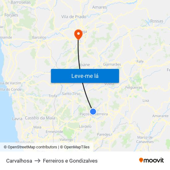 Carvalhosa to Ferreiros e Gondizalves map