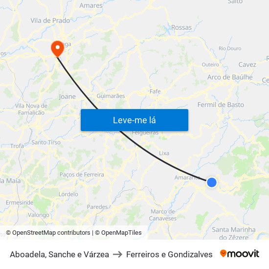 Aboadela, Sanche e Várzea to Ferreiros e Gondizalves map