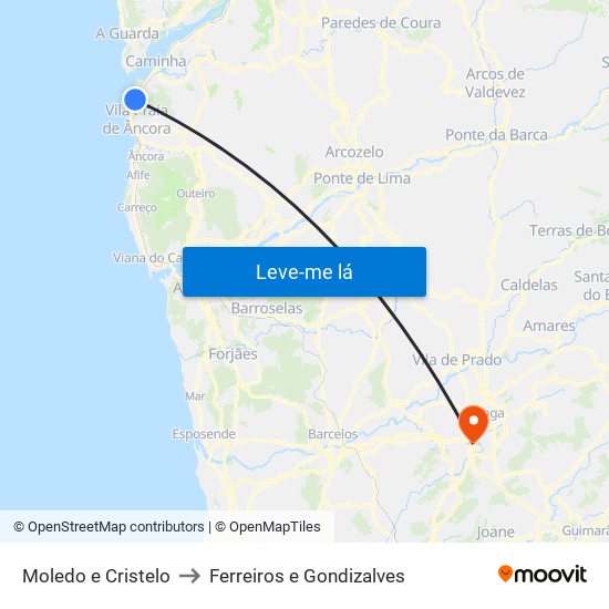 Moledo e Cristelo to Ferreiros e Gondizalves map