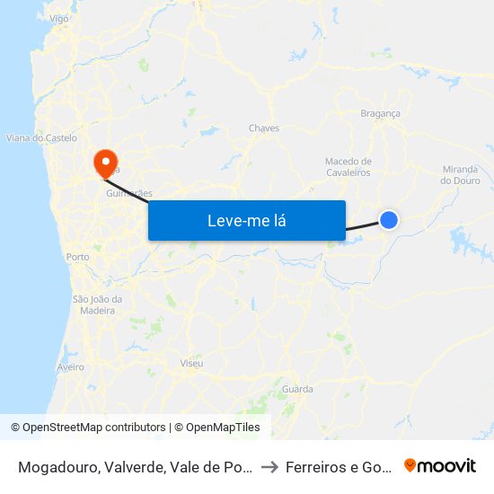 Mogadouro, Valverde, Vale de Porco e Vilar de Rei to Ferreiros e Gondizalves map