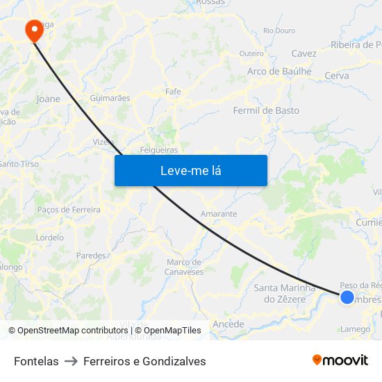 Fontelas to Ferreiros e Gondizalves map