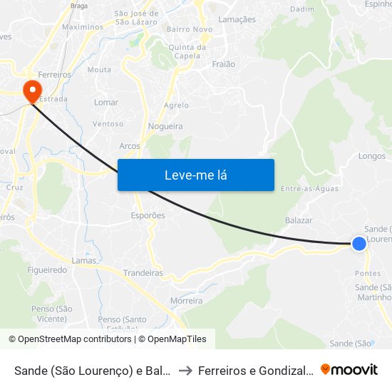 Sande (São Lourenço) e Balazar to Ferreiros e Gondizalves map